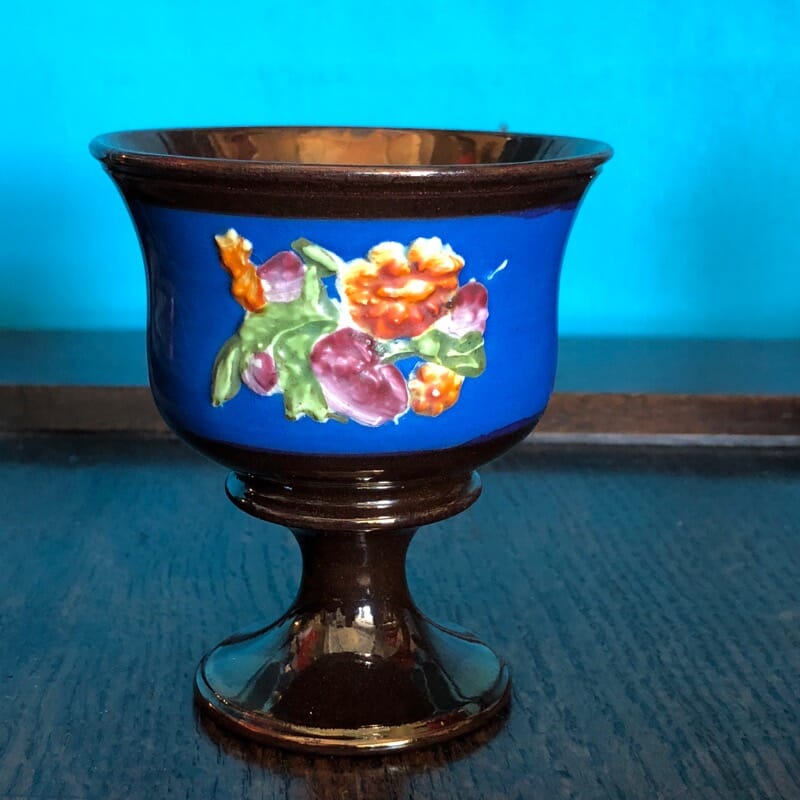 Victorian copper lustre goblet, raised flowers, c1860-0