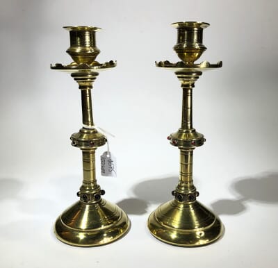 Pair Of Heavy Brass Gothic Candlesticks, 581064
