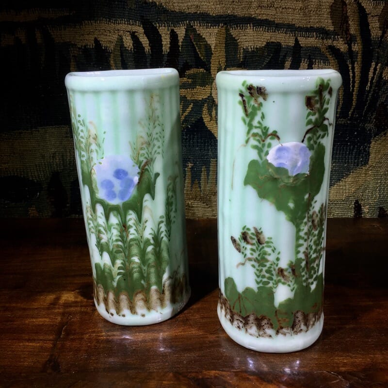 Pair of Japanese celadon glaze wall vases, garden plants, c. 1900. -0