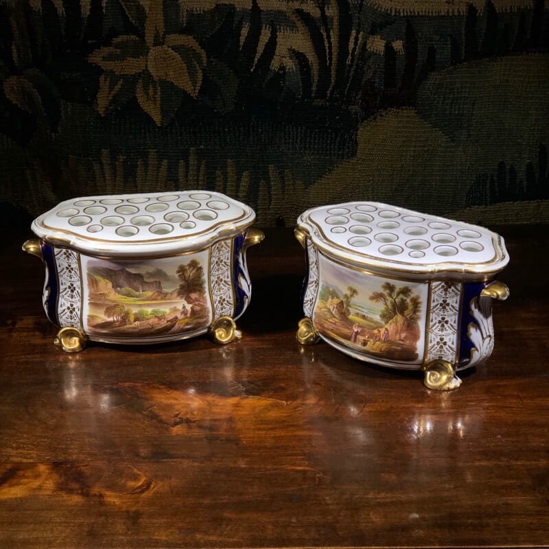 Pair of Derby bough pots, ‘View in Wales’ & ‘View in Derbyshire’, c.1825-0