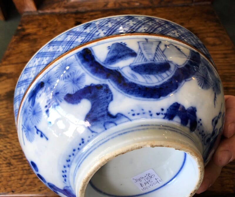 Japanese porcelain bowl, Mt Fuji, ship, plants, 19th century. -0