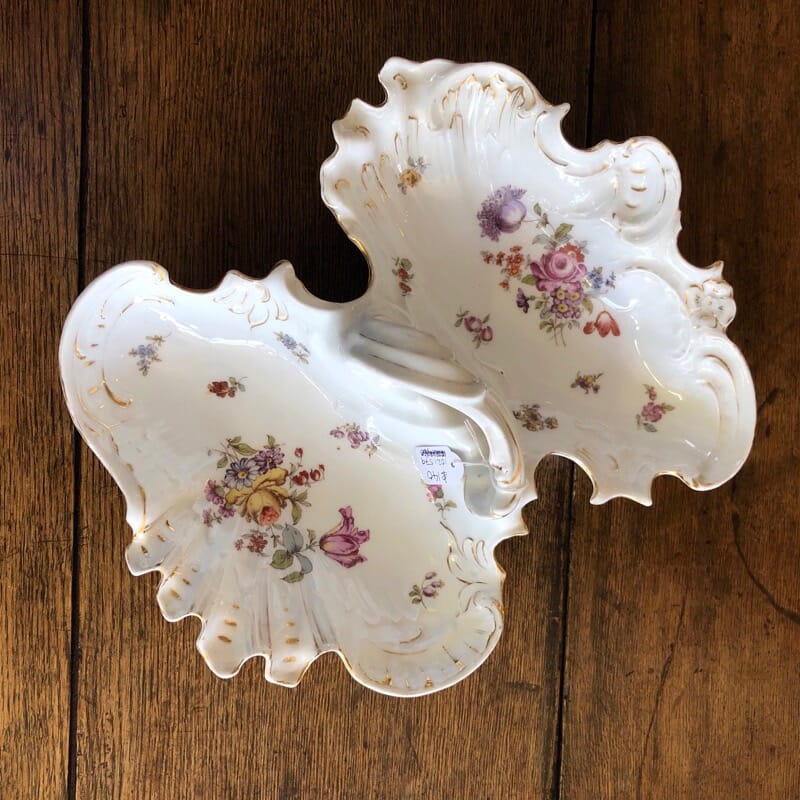 German porcelain serving dish, elaborate rococo form with flowers, c. 1890-0