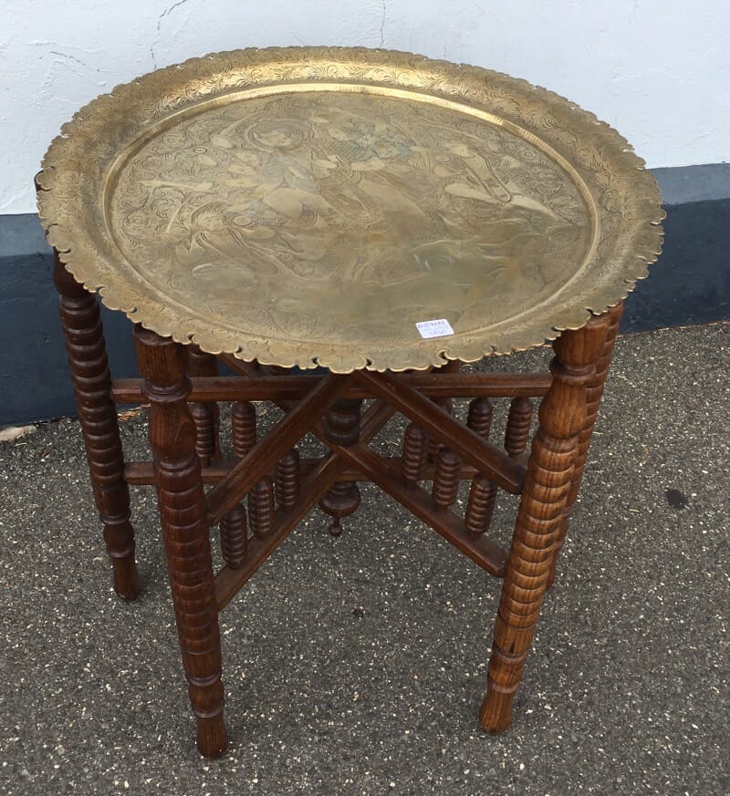 Indian brass folding table, engraved Hindu figures, 19th C-0