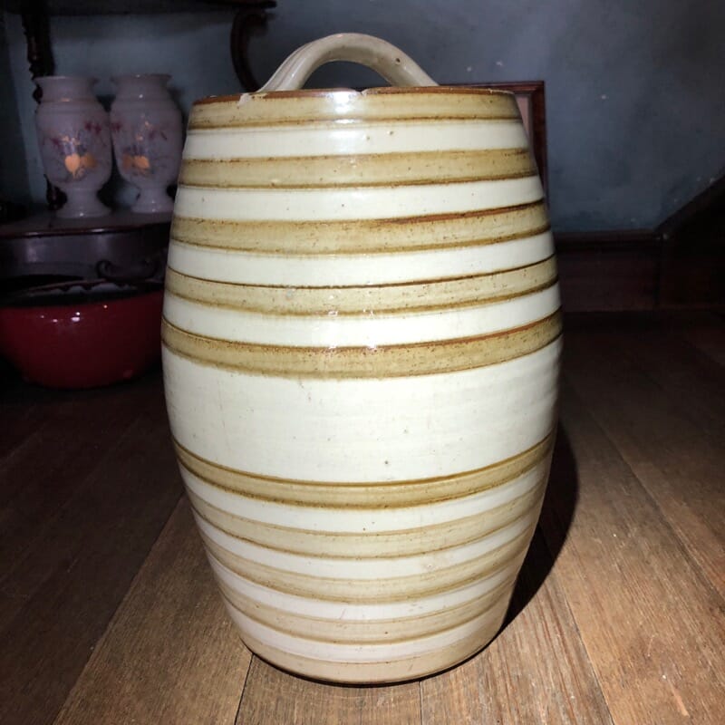 Stoneware glazed spirit barrel with handle, Australian circa 1890. -0