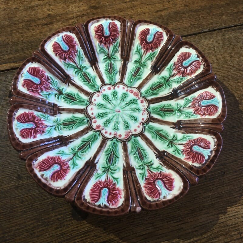 Continental majolica footed lobed dish, c. 1880-0