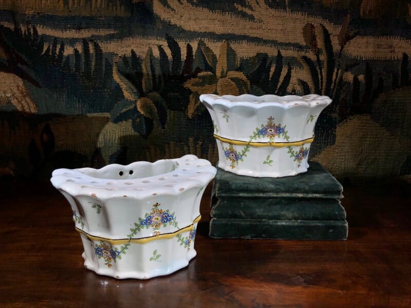 Pair of German faience bough pots, fluted form with flowers, c. 1780 -0