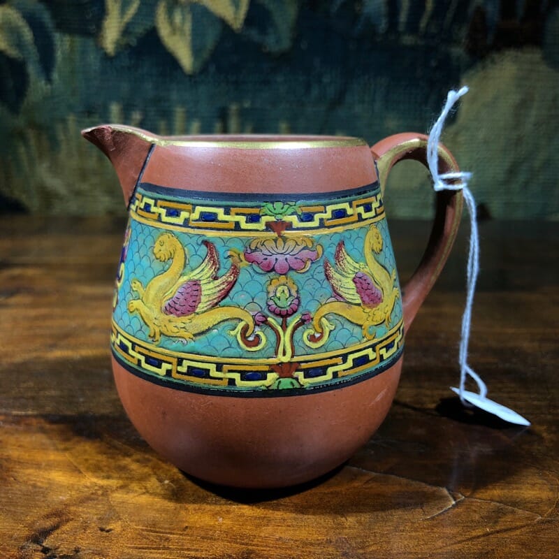 Small 'Maw' terracotta jug, enamelled decoration, c.1890 -0