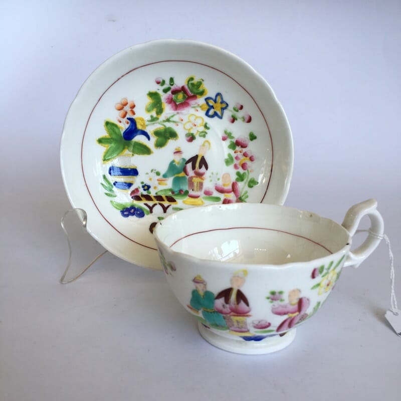 Hilditch porcelain cup & saucer, chinoiserie figures, c.1815-0