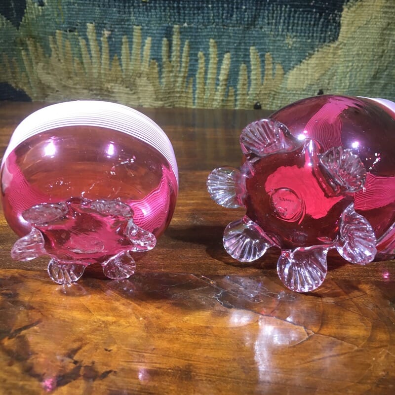 Ruby glass milk jug & sugar bowl, white enamel decoration, c. 1890 -32518
