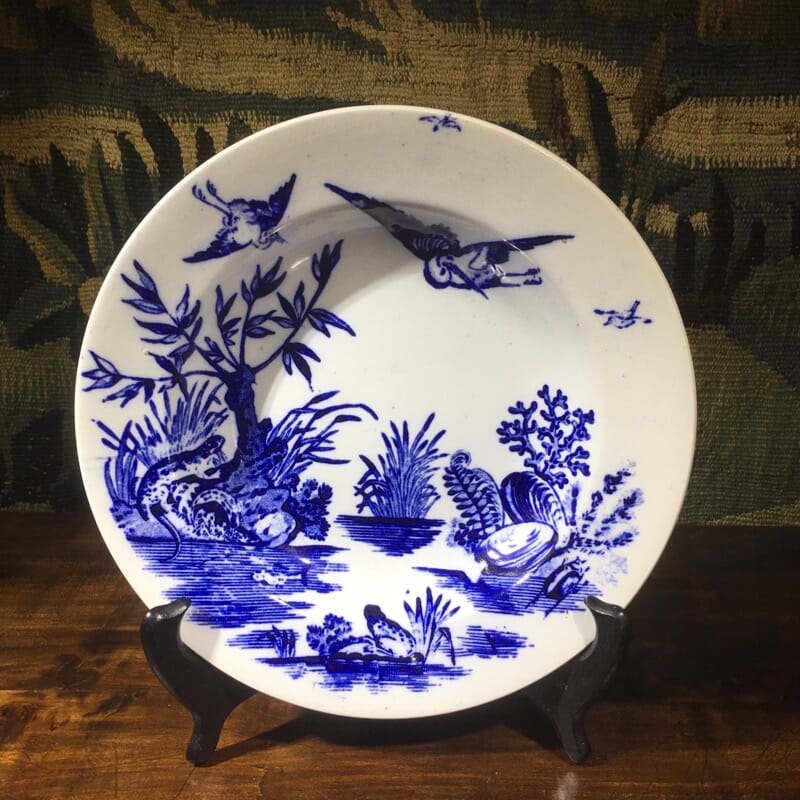 English pottery plate, unusual print with cranes, frogs, shells, c.1870-0