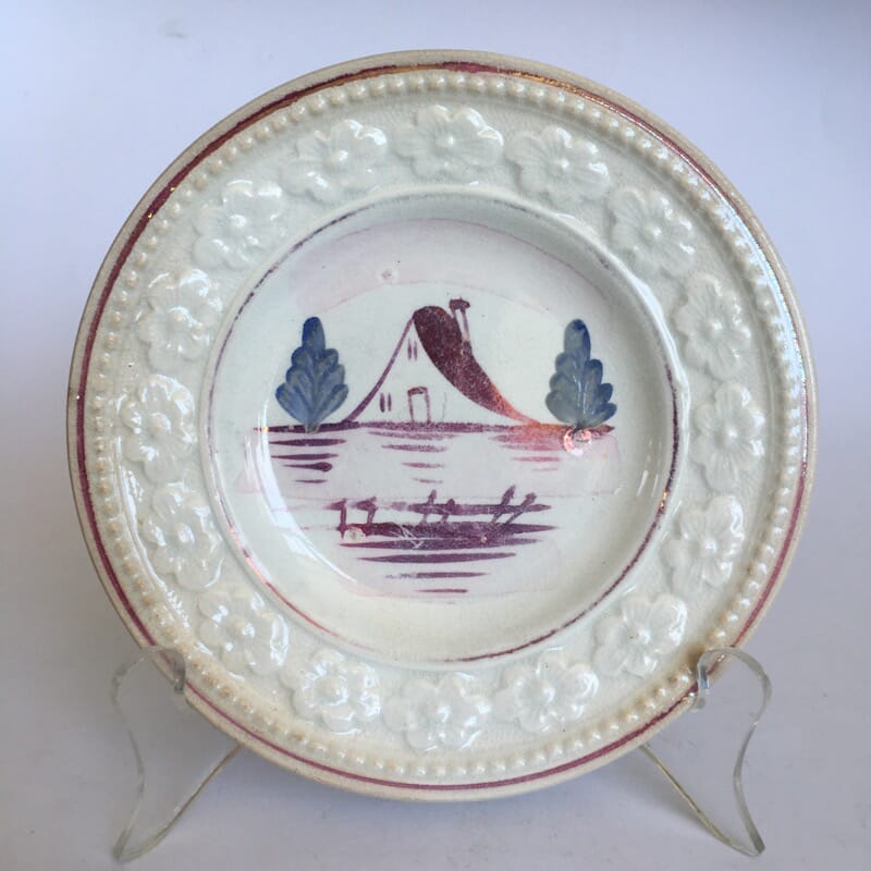 Pottery childs plate with lustre house, C. 1840 -0