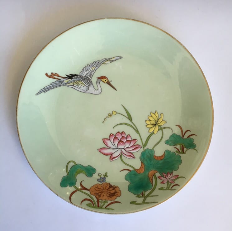 Porcelain plate by Minton, enamelled crane and lotus flowers, 1877 -0