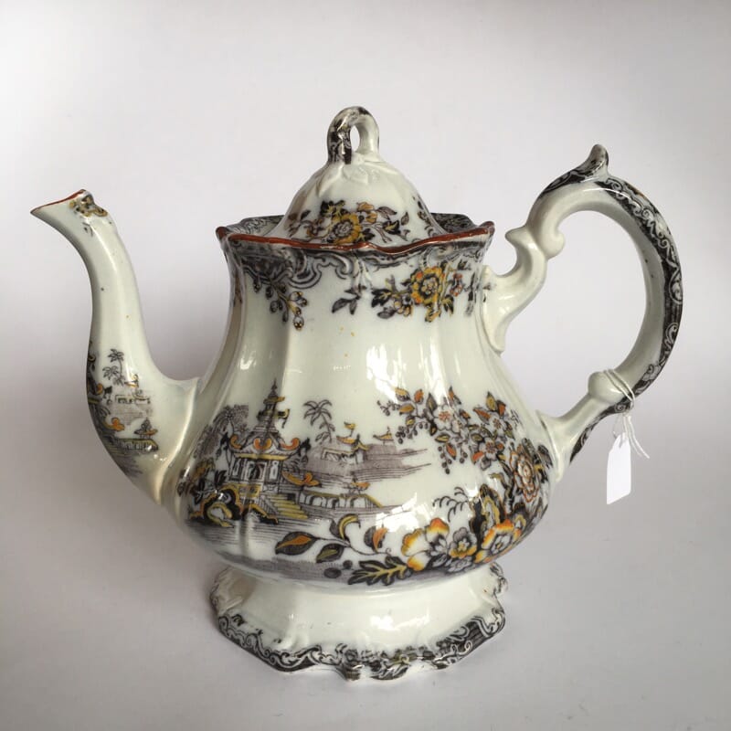 English pottery teapot, chinoiserie printed pattern, c.1840 -0