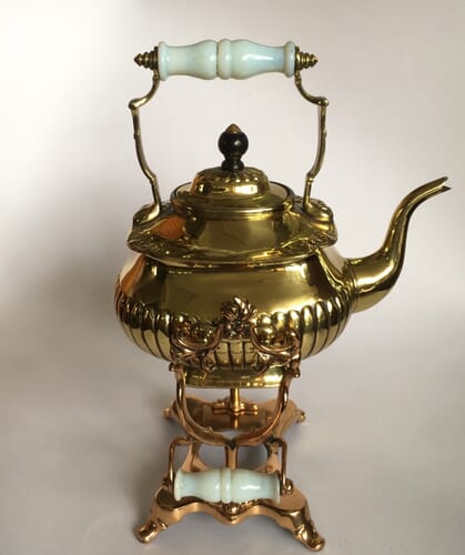 Victorian brass spirit kettle on fancy copper stand, milk glass