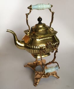 Victorian brass spirit kettle on fancy copper stand, milk glass
