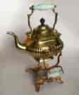 Victorian brass spirit kettle on fancy copper stand, milk glass handles, c. 1895-0