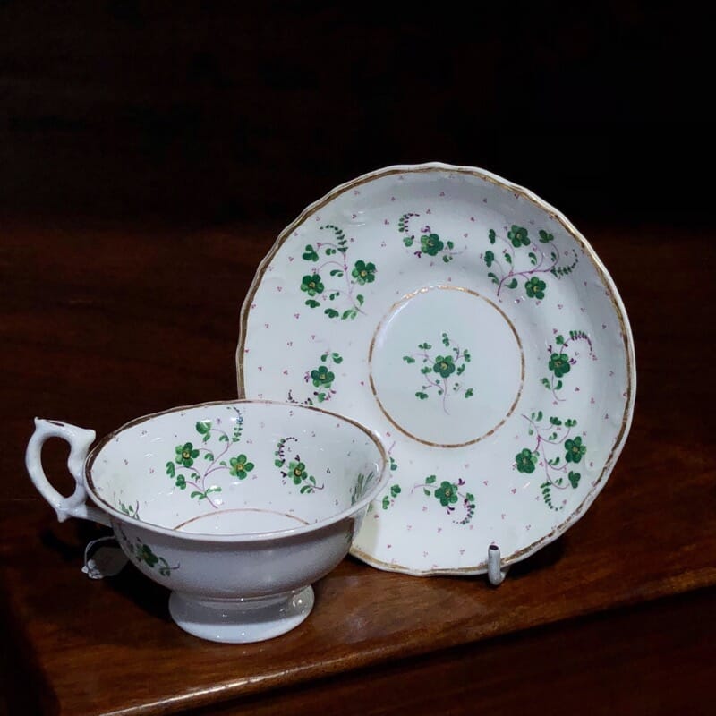 English porcelain cup & saucer, green & purple flower sprigs c.1840-0