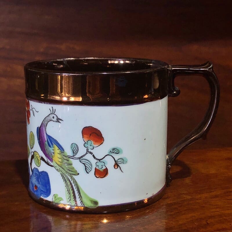English pottery small mug with bird in branch print, copper lustre, c. 1820 -0