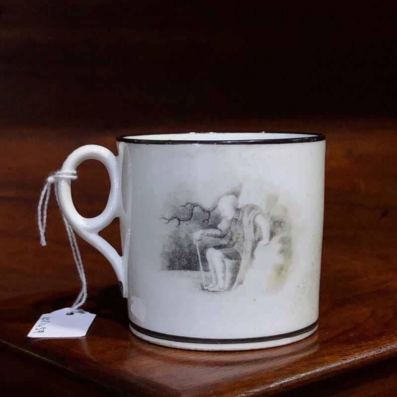 English porcelain coffee can, bat print of child & rocking horse, c.1810. -0