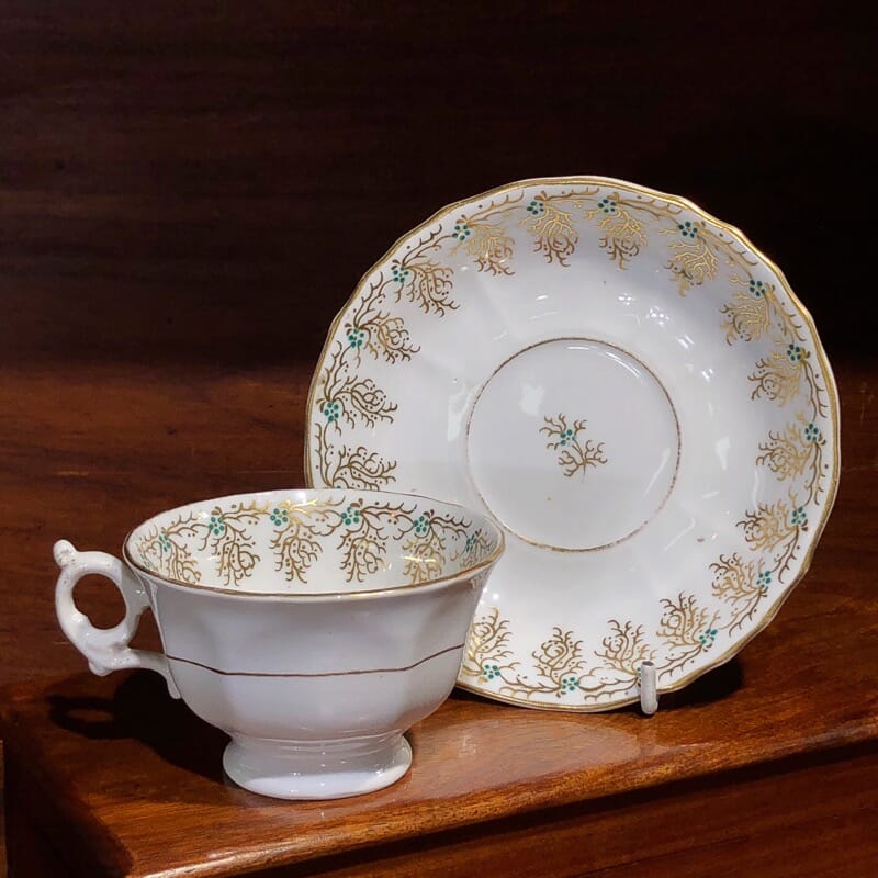 English porcelain cup & saucer, gilt & daisy pattern, c. 1860 -0