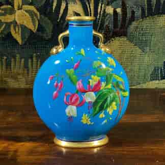 Victorian turquoise moon flask by Minton, flower enamels, dated 1873-0
