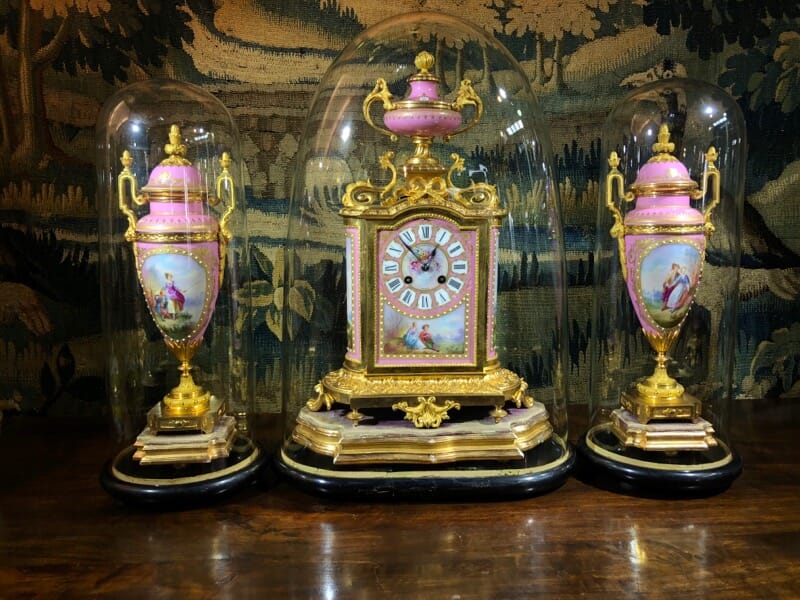 French clock garniture set, Kilpatrick & Co, in original glass domes, circa 1885-0