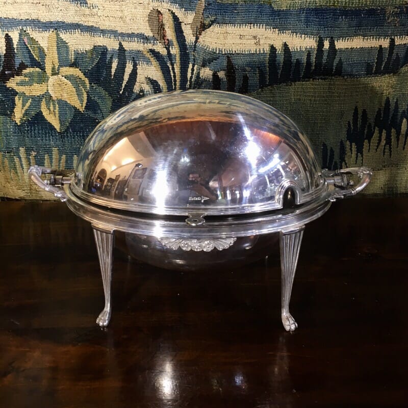 Silver plated fold-over steak dish, lions paw feet, c. 1900-0