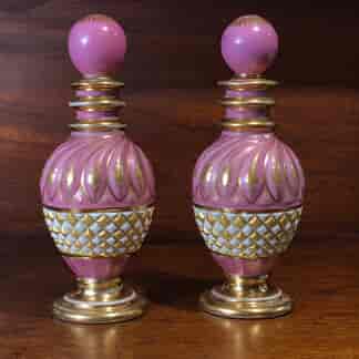 Pair of French perfume decanters, pink & gilt, c. 1845-0