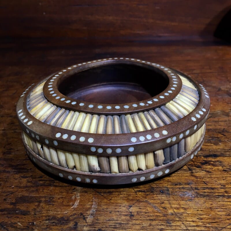 Sinhalese (Sri Lanka) porcupine quill round bowl, hardwood & bone, c. 1900. -0
