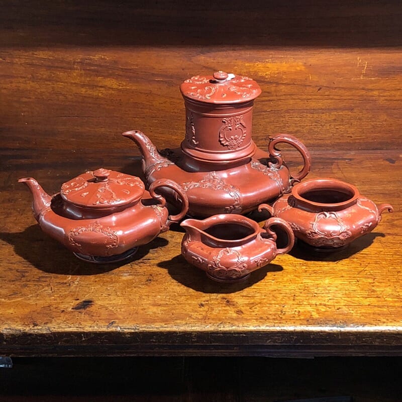 German Rococo red pottery tea service, Schiller & Gerbing, Bodenbach, c. 1840-0