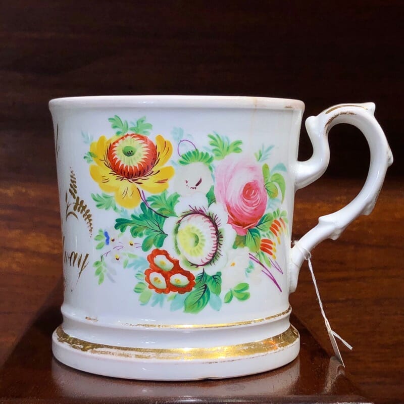 English bone china mug, ‘Think of Me’, painted with flowers, c. 1850 -0