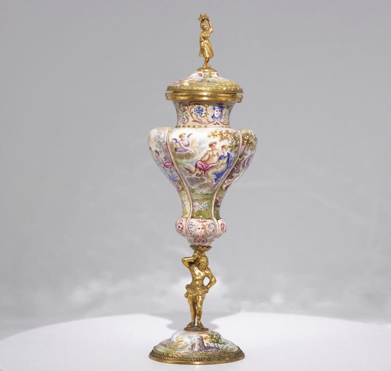 Vienna enamel covered chalice, silver gilt figure stem, classical scenes, c. 1890 -0