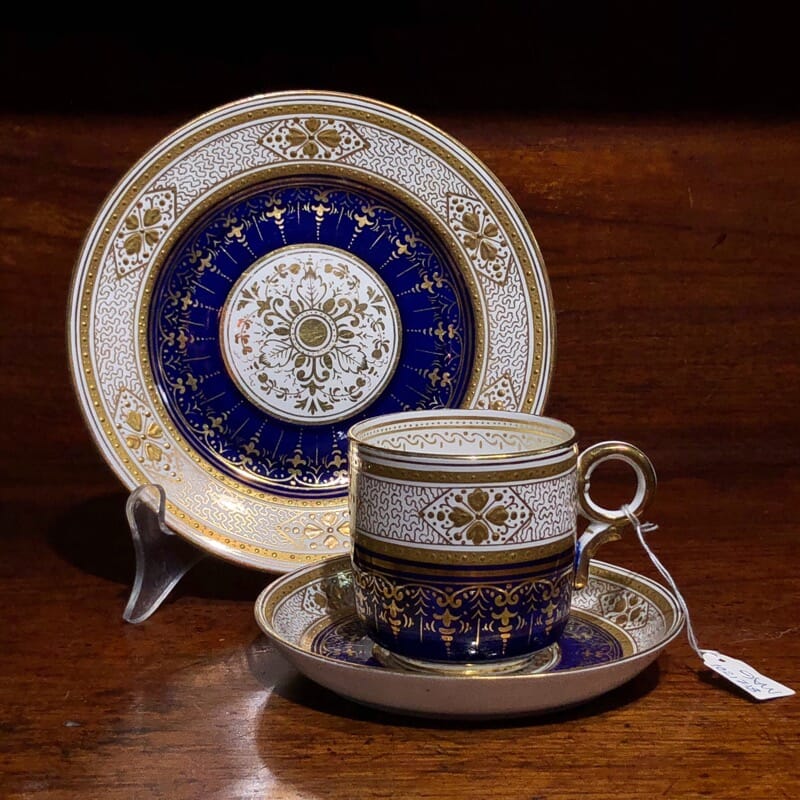English porcelain cup saucer & plate, raised gold, c. 1875 -0