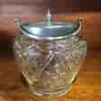 Victorian cut crystal biscuit barrel, plated lid & mount, c. 1890-0