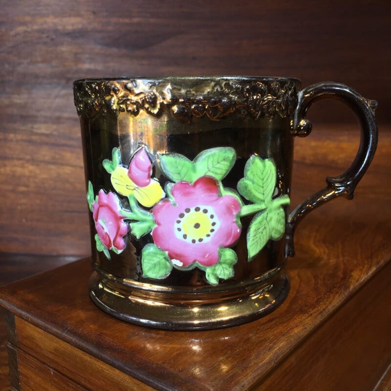 Victorian copper lustre mug, moulded flowers, c. 1830 -0