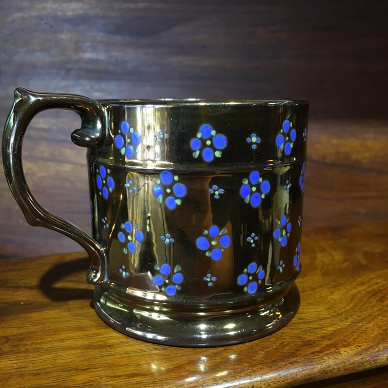 Victorian lustre mug, blue flowerhead sprigs, c. 1840 -0
