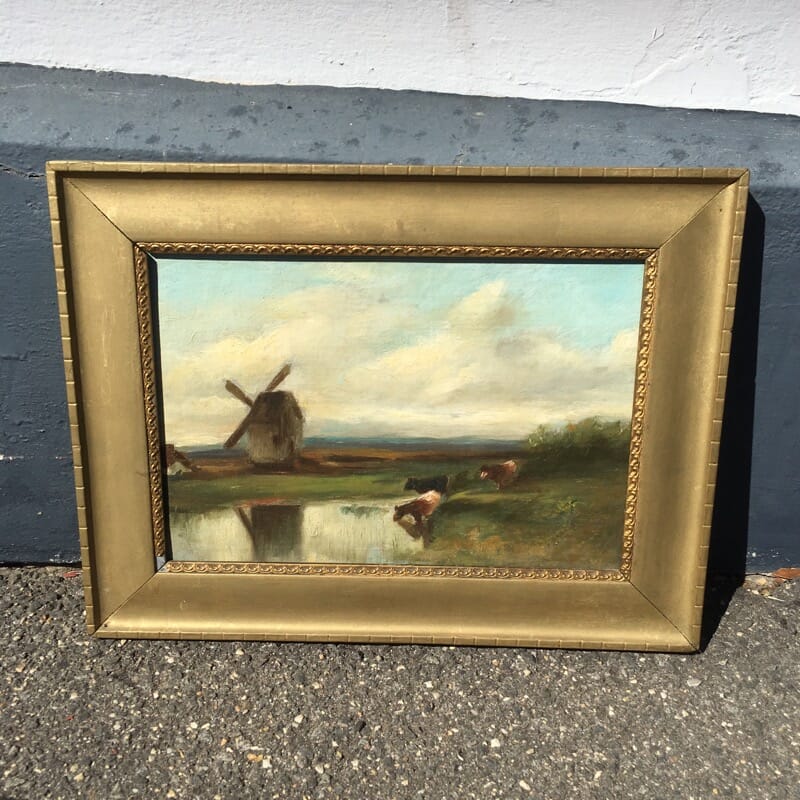 Softly painted Oil on canvas, countryside with windmill & cows, c. 1890. -0