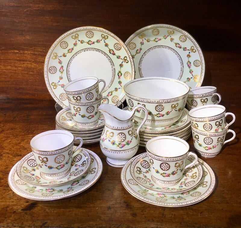 English tea set for 8, hand painted flower garlands, gilt bows & pinwheels , c.1880-0
