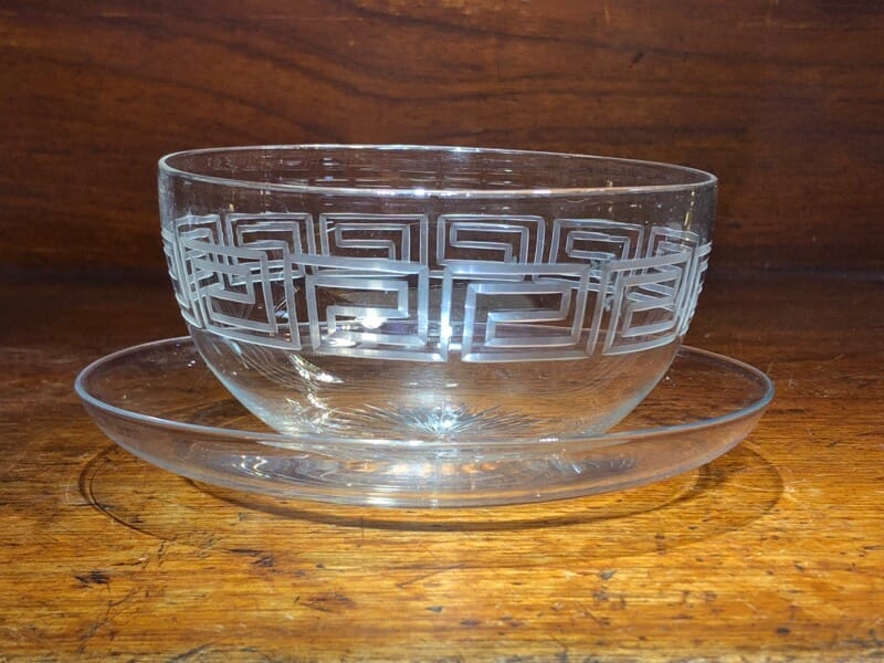 Greek key engraved fingerbowl & an underdish, 19th Century -0