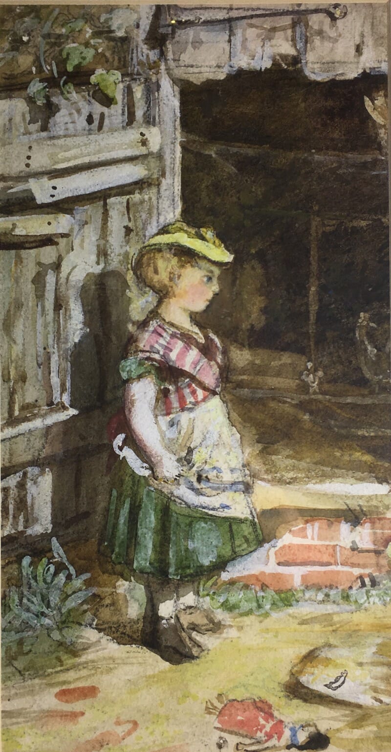 Framed watercolour of girl and doll, circa 1870 -0