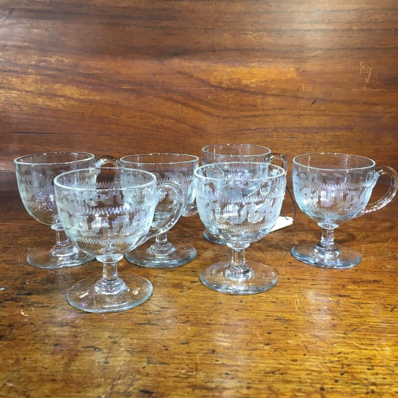 Set of six Victorian Greek Key etched custard cups, c. 1900-34071