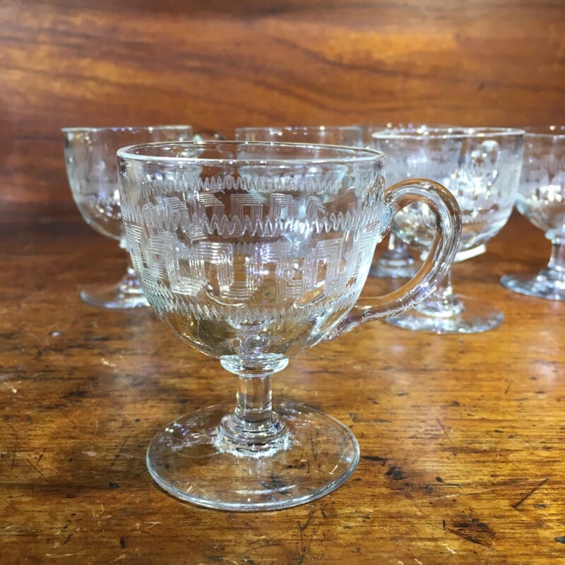 Set of six Victorian Greek Key etched custard cups, c. 1900-0