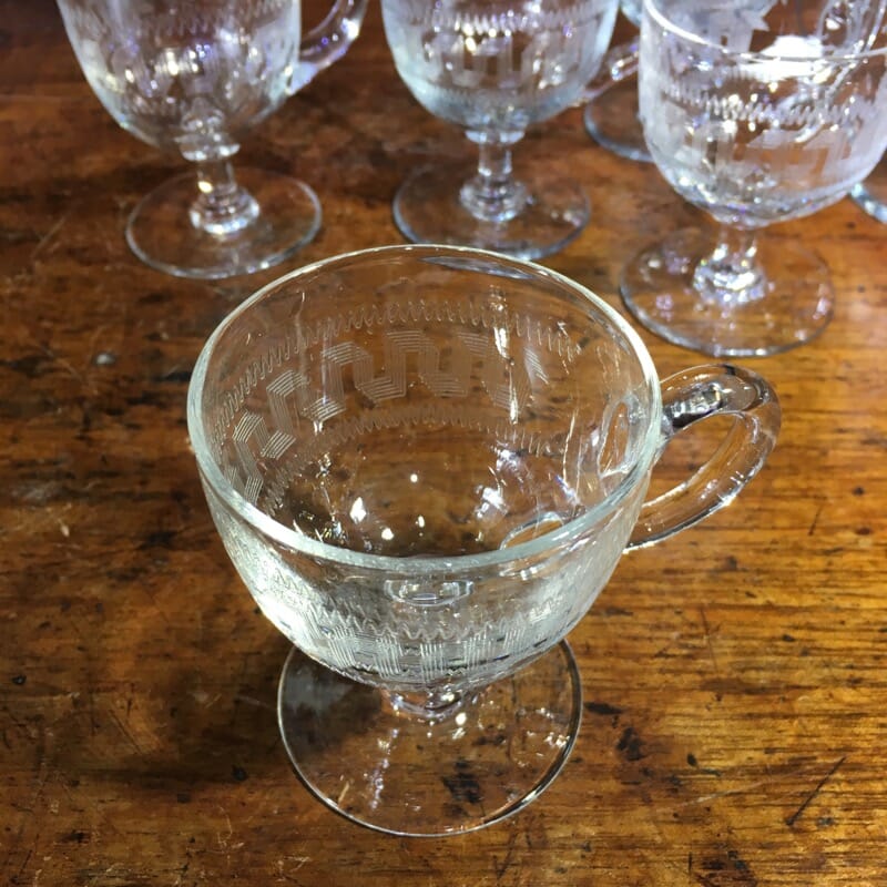 Set of six Victorian Greek Key etched custard cups, c. 1900-34073
