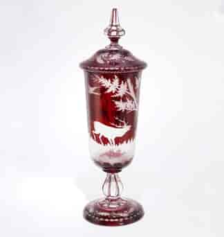 Bohemian ruby flash glass lidded vase, deer engraving, c.1880