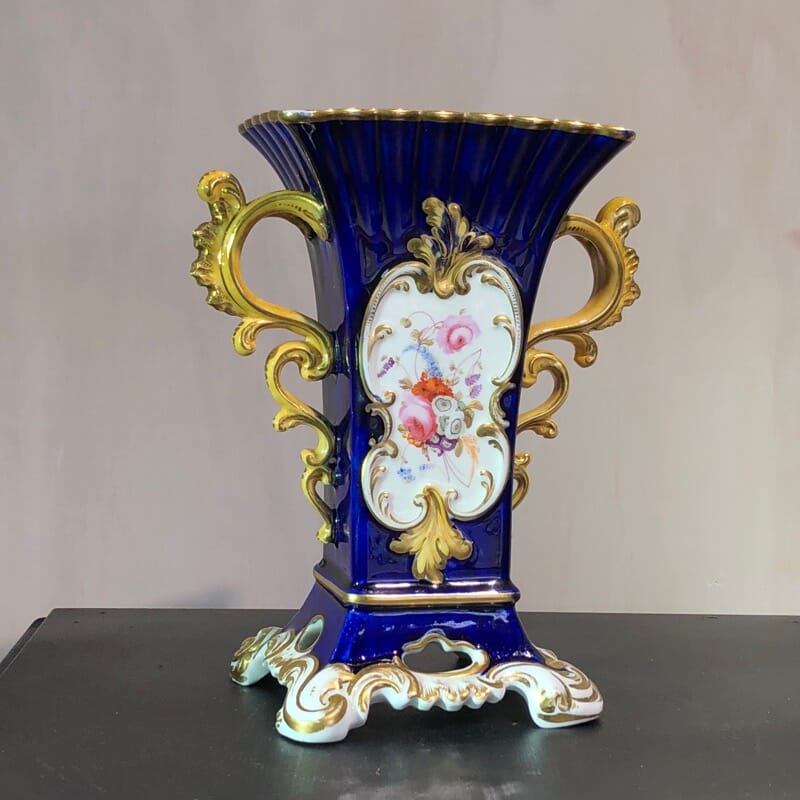 Unusual English porcelain rectangular vase, mazarine blue + flowers, c ...