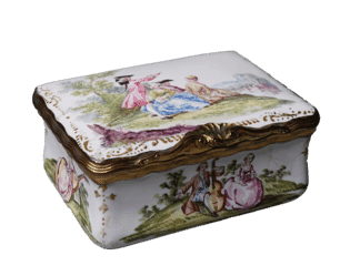 English enamel snuff box, Meissen style Watteauesque scenes, c.1755