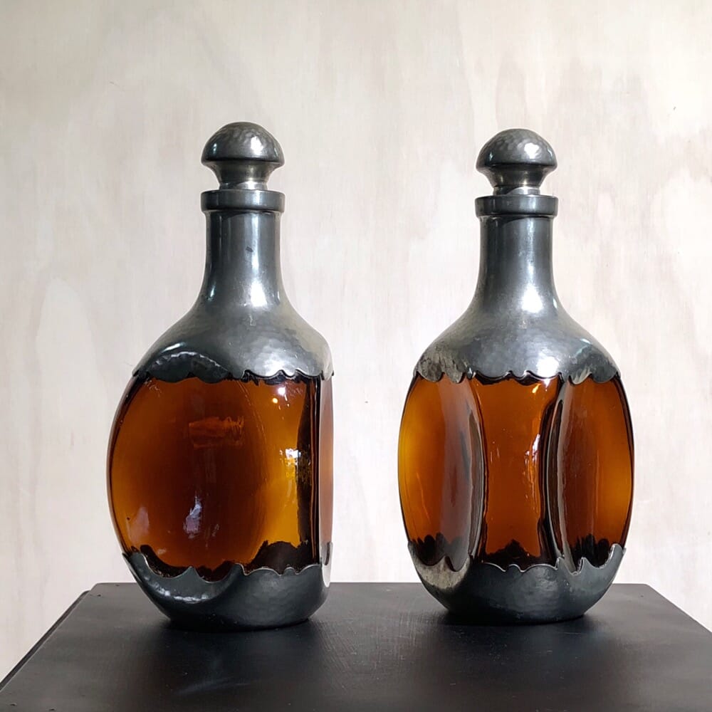 Antique Brown Glass selling and Pewter Shakers, Amber Bottles