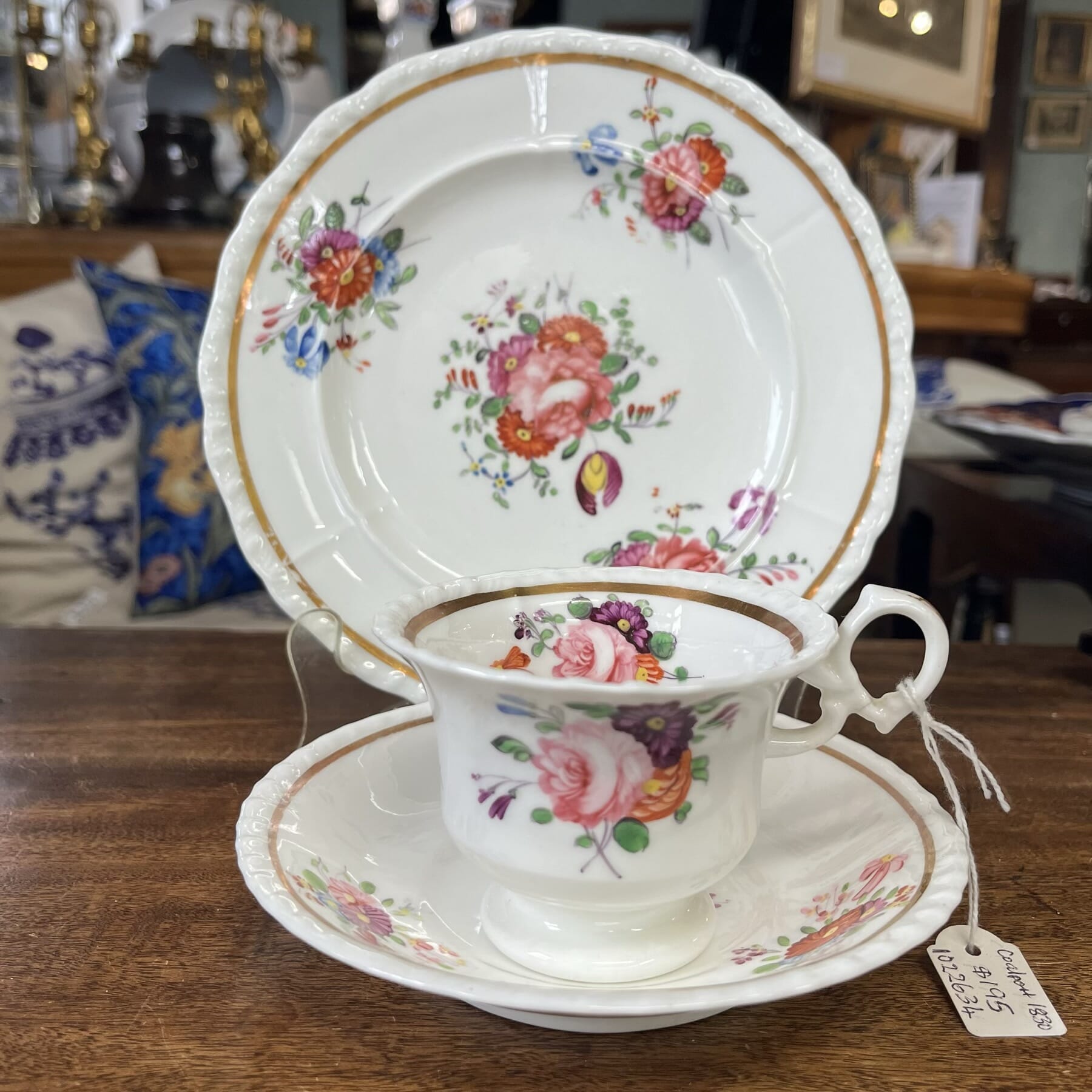 Coalport cup saucer & plate, hand painted flowers, c 1830