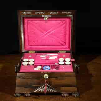 William IV Rosewood sewing box, musical with contents, c.1835