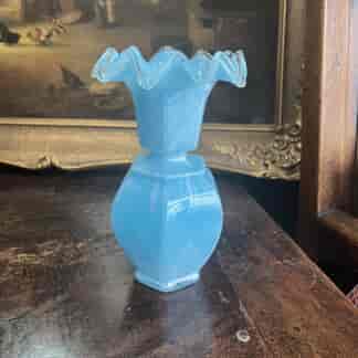 English Victorian turquoise glass vase, frilled rim c.1900